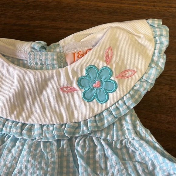 NEW Vintage Seersucker 12 Month Blue White Plaid Flower Collared Prairie Dress - Picture 3 of 6